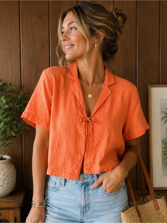 Calypso St. Barth Tops - Calypso St. Barth Orange 100% Linen Tie Front Shirt Women’s Size Small